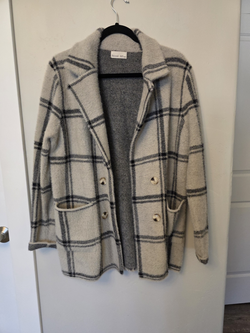 BE COOL Cream & Black Plaid Double-Breasted Cardigan Coat
